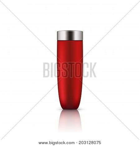 Realistic red glass bottle with silver cap. Empty package for skincare cosmetic - face emulsion or lotion. Blank template of container. Vector mockup isolated on white background.