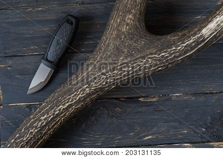 Small Hunting Knife And A Deer Horn.