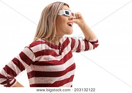 Profile shot of a young woman with 3D glasses isolated on white background
