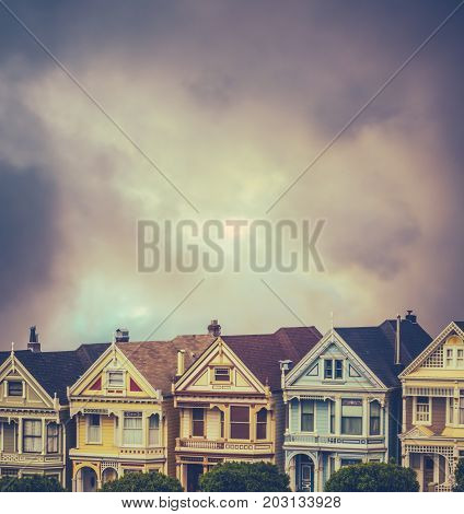 Beautiful Victorian Terrace Houses With Stormy Sky And Copy Space