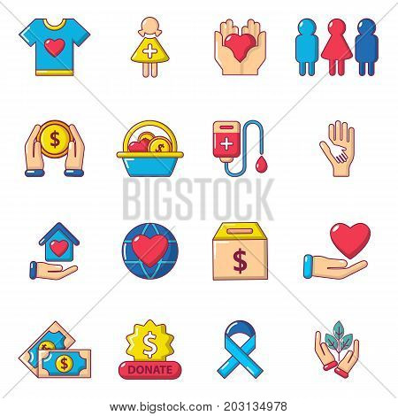 Charity icons set. Carrtoon illustration of 16 charity vector icons for web