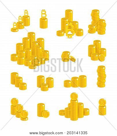 Bitcoin stacks count. Virtual currency managing transactions, mining calculator, peer-to-peer network. Cartoon vector illustration on white background