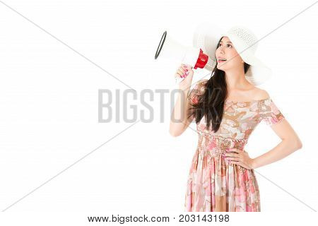 Attractive Elegant Dress Woman Holding Loudspeaker