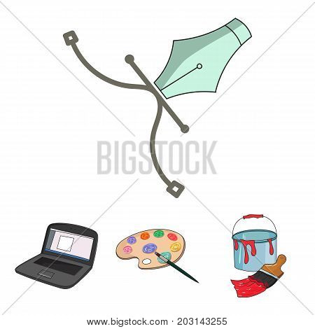 A palette with a brush, a bucket with a paint brush, a computer, a tool, a pen.Artist and drawing set collection icons in cartoon style vector symbol stock illustration .