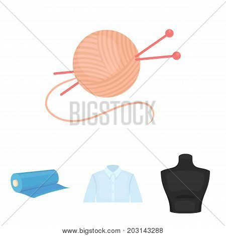 A man's shirt, a mannequin, a roll of fabric, a ball of threads and knitting needles.Atelier set collection icons in cartoon style vector symbol stock illustration .
