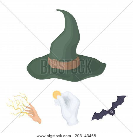 Focus with a coin, a bat, a mage's hat, a lightning-fast spell.Black and white magic set collection icons in cartoon style vector symbol stock illustration .