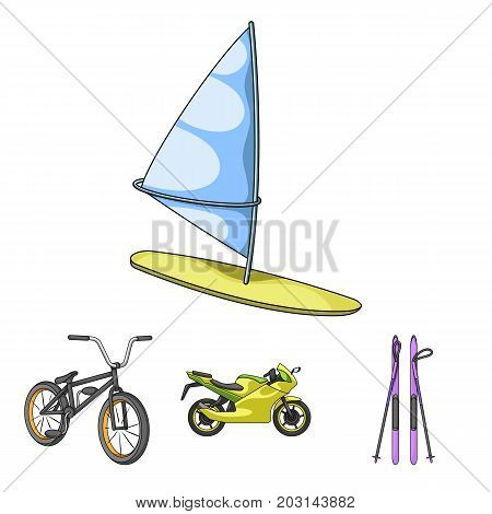 Motorcycle, mountain skiing, biking, surfing with a sail.Extreme sport set collection icons in cartoon style vector symbol stock illustration .