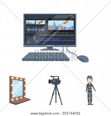 A movie camera, a suit for special effects and other equipment. Making movies set collection icons in cartoon style vector symbol stock illustration .
