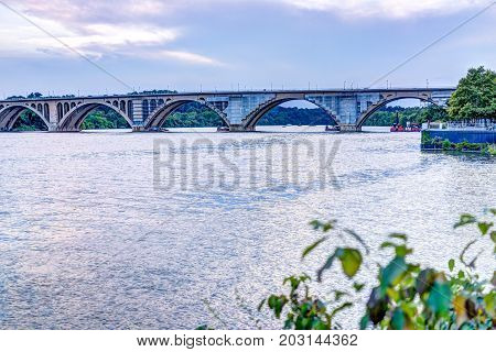 Washington Dc, Usa - August 4, 2017: Francis Scott Key Bridge During Sunset With Potomac River And B