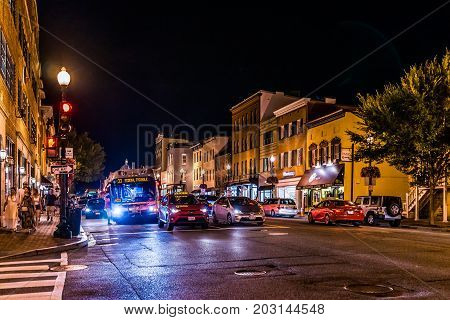 Washington Dc, Usa - August 4, 2017: Street And Shops In Georgetown Neighborhood With Traffic At Nig