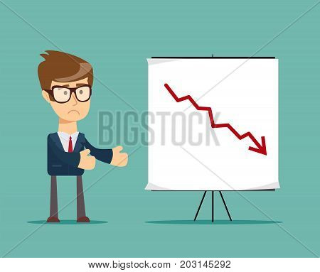 Young manager presenting whiteboard to his colleagues about financial risk. Stock flat vector illustration.