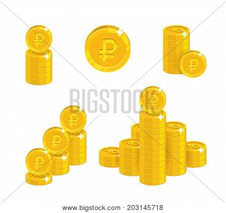Ruble coin heaps. Exceeding income goals, calculating high income and a large capital base. Business finance and economy concept. Cartoon vector illustration isolated on white background
