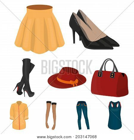 Pictures about types of women's clothing. Outerwear and underwear for women and girls. Woman clothes icon in set collection on cartoon style vector symbol stock web illustration.
