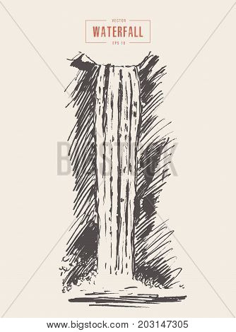 Vintage illustration of beautiful waterfall, hand drawn