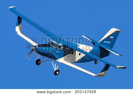 Zhukovsky, Moscow Region, Russia - August 21, 2015: Antonov An-2MC TB-2MC RA-2519G of SibNIA institute perfoming demonstration flight in Zhukovsky during MAKS-2015 airshow.