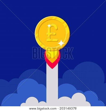 Pound coin rocket starting. Startup success, fast growing income. Business finance and economy concept. Cartoon vector illustration isolated on blue background