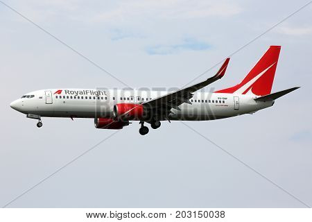 Sheremetyevo, Moscow Region, Russia - August 14, 2015: Boeing 737-808 VQ-BRF of Royal Flight airlines landing at Sheremetyevo international airport.
