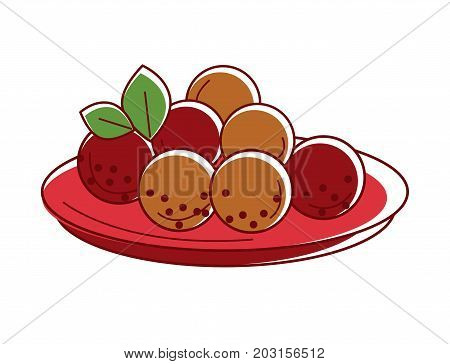 Delicious mysore bonda on red plate isolated cartoon vector illustration on white background. Deep-fried crispy outside and light inside dumplings, cooked from flour, fresh yogurt and Indian spices.