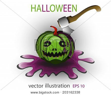 Green pumpkin on Halloween with a hatchet and purple blood