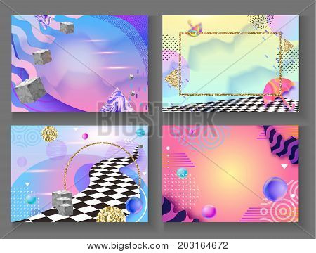 Abstract hipster color composition in trendy 90s style with umbrella, geometric shapes, frames, fluid and liguid texture, futuristic bright background, template for banner, poster, vector illustration