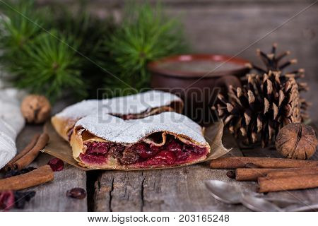 Strudel With A Cherry. Cherry Pie.