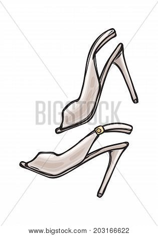 Women s shoes with open toe in cartoon art style on background. Pearl footwear for woman. Vector illustration of fashionable stiletto shoes icon for infographics, websites and app.