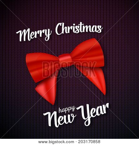 Illustration of Vector Merry Christmas Greeting Card. Realistic Red Ribbon with Paper Lettering on Kneeted Pattern Background