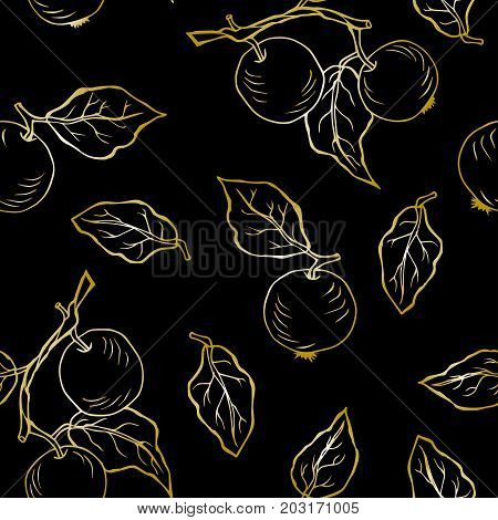 Seamless black pattern with golden apples. Vector.