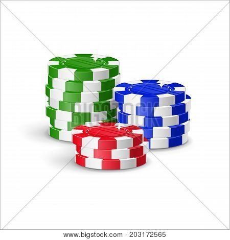 Chips piles cartoon style isolated. Heaps of casino chips of various heights for designers and illustrators. Bunch of stakes in the form of a vector illustration