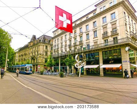 Zurich, Switzerland - May 02, 2017: The city center of Zurich, Switzerland. People on the background at Zurich, Switzerland on May 02, 2017