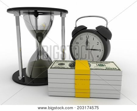 Hourglass And Alarm Ckock On White Background. Business Time Concept  3D Rendered Illustration