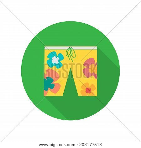 Beach shorts with flower vector. Flat style. Summer clothes. Illustration for fashion concepts, infographic, icons or web design. Man sweaming sportswear. Isolated on white background