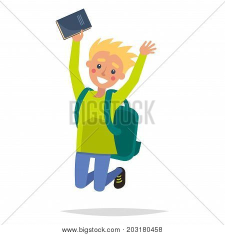 Jumping fair-haired youngster with blush on cheeks isolated on white. Dynamic boy holding blue classbook in one hand. Turquoise backpack on male shoulders. Vector illustration flat and shadow theme