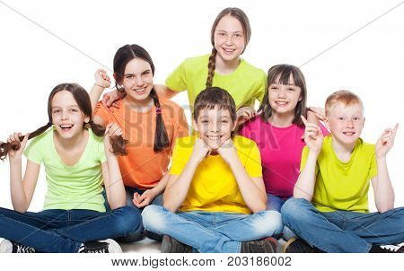 Happy group children in school. Smiling teen. Friedship boys and girls
