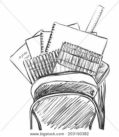 Welcome back to school vector collection. Books, notebook, copybook, backpack sketch.