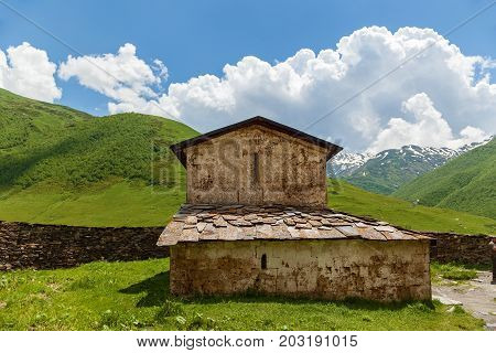 Lamaria old church in village Ushguli Upper Svanetia region, Georgia