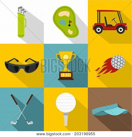 Golf related icon set. Flat style set of 9 golf related vector icons for web design