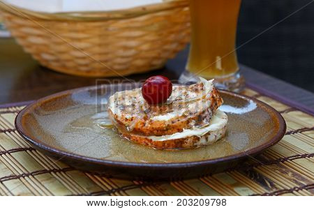 Close Up Pickled Soft Camembert Cheese And Beer