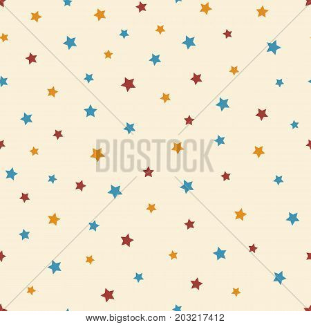 Vector abstract starry seamless pattern on the beige background. Cute blue red and orange stars.