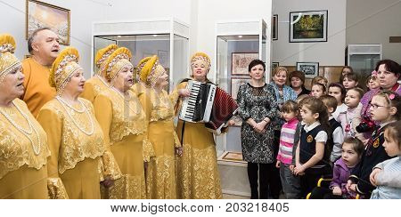Choir Inspiration trade union veterans cell KNPP in folk costumes. 6 February 2015. Udomlya City, Russia.