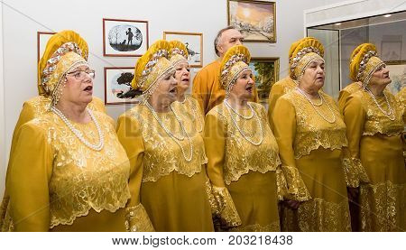 Choir Inspiration trade union veterans cell KNPP in folk costumes. 6 February 2015. Udomlya City, Russia.