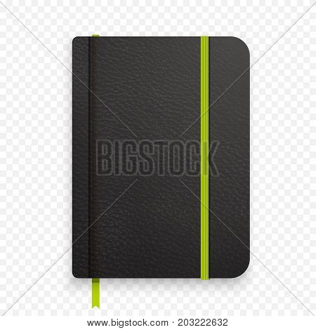 Realistic Black Notebook With Green Elastic Band. Top View Diary Template. Closed Diary. Vector Note