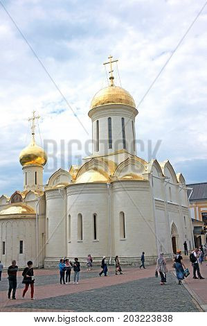 Sergiyev Posad Russia - 15 July 2017: Trinity Cathedral is a cathedral church the oldest of all the remaining buildings in the Trinity Lavra of St. Sergius built in 1422-1423 to honour the founder of the Trinity Lavra monastery St. Sergius of Radonezh. St