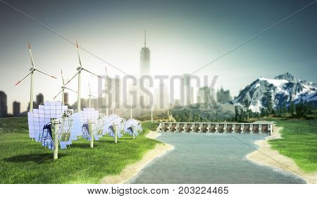 Solar Panels With Wind Turbines Against Mountanis Landscape Against Blue Sky With Clouds 3D Render
