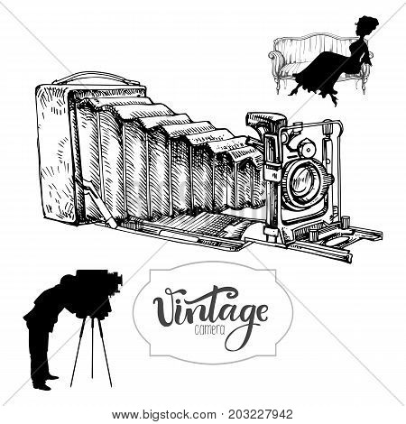 Vintage camera, hand drawn vector illustration and solhouette of photographer and his model