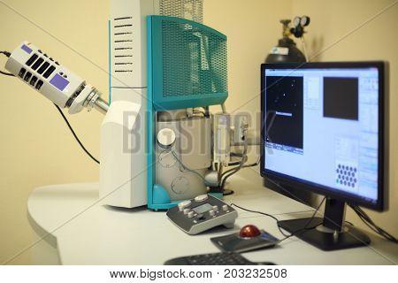 MOSCOW - SEP 22, 2016: Computers and equipment in lab of Forensic Center at Petrovka, 38, Main Department of Moscow Ministry of Internal Affairs