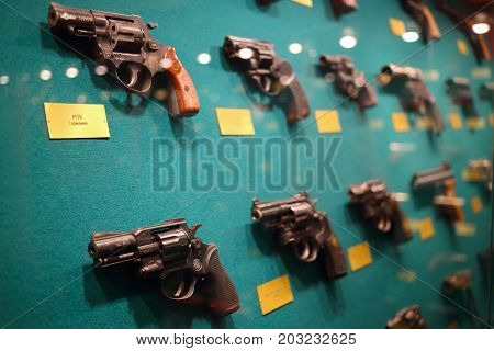 MOSCOW - SEP 22, 2016: Many guns at museum on Petrovka, 38, Main Department of Moscow Ministry of Internal Affairs