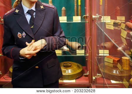 MOSCOW - SEP 22, 2016: Woman (noface) tours in museum of at Petrovka, 38, Main Department of Moscow Ministry of Internal Affairs