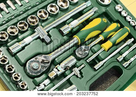 Set of tools for car repair in box, top viewA set of wrenches in a plastic box. A set for car repair. Close-up photo.