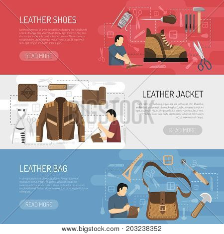 Leather goods horizontal banners with working tools and skinners making clothes  shoes and accessories flat vector illustration